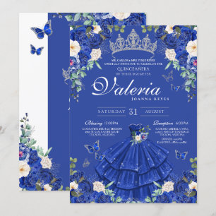 Invitación Rosa azul de la Marina Real Mariposa Plata Quincea