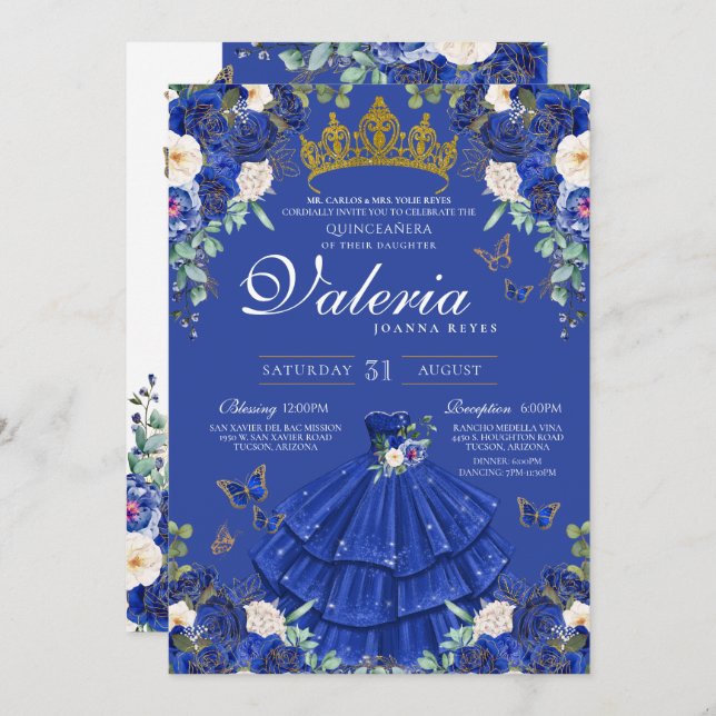Invitación Rosa azul de la Marina Real Mariposa Princesa Cump (Anverso / Reverso)