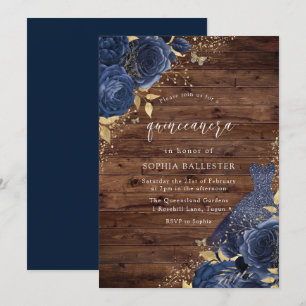 Invitación Rosa azul de la Marina Vestido Rústico Oro Fiesta 