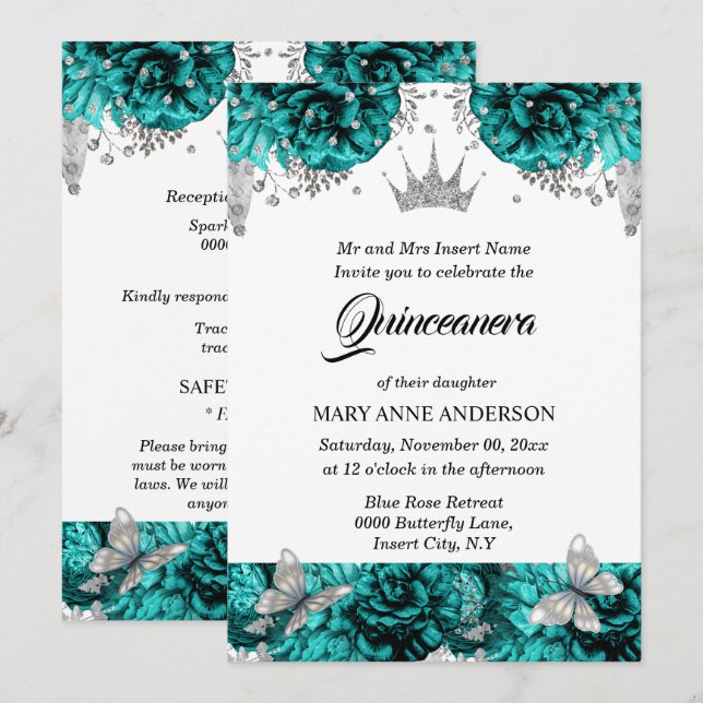 Invitación rosa azul  de tiara de plata verde azulada quincea (Anverso / Reverso)