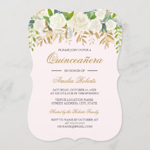 Invitación Rosa Azul Dorado Floral Hoja Acuarela Quinceanera