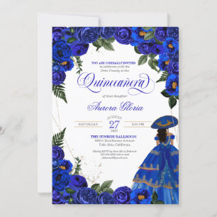 Invitación Rosa Azul Elegante Carro Vestido Floral Quinceaner