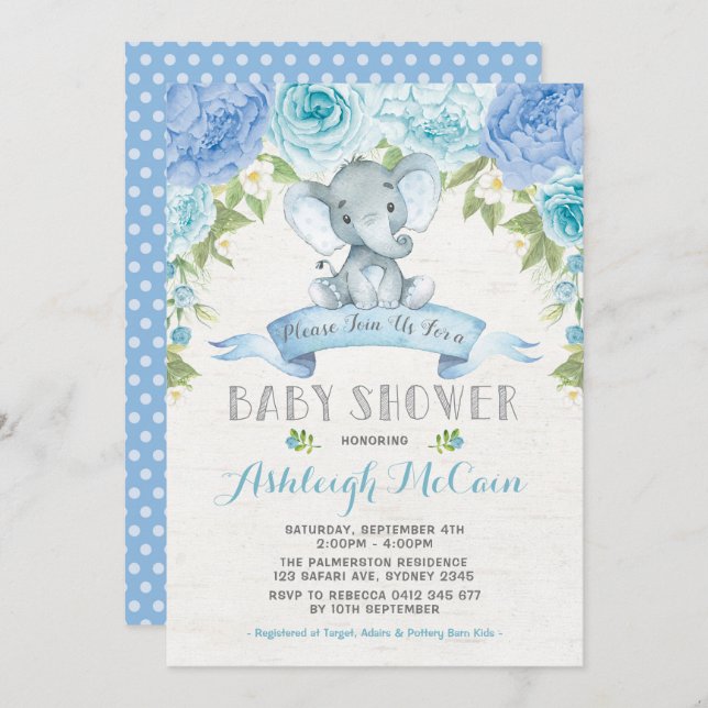 Invitación Rosa azul Elephant Baby Shower Boy Jungle (Anverso / Reverso)