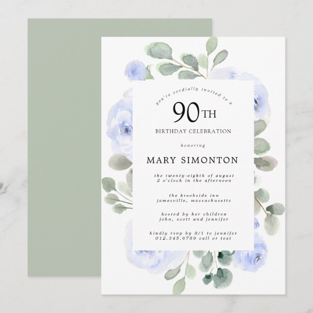 Invitación Rosa azul Eucalipto Floral 90 cumpleaños (Anverso / Reverso)