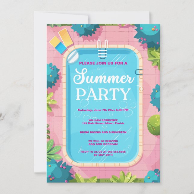 Invitación rosa azul Fiesta de la piscina de veran (Anverso)