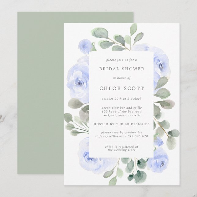 Invitación Rosa azul Floral Botánica Bridal Shower (Anverso / Reverso)