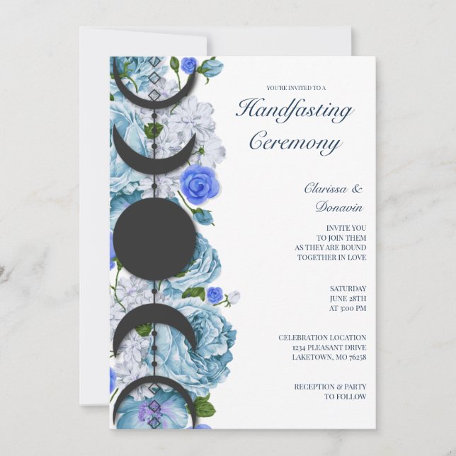 Invitación Rosa Azul Floral Moon Fase Wiccan Handfasting (Anverso)