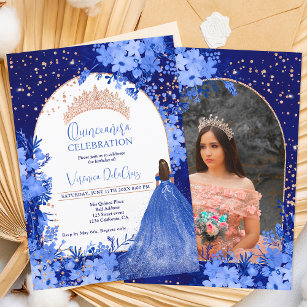 Invitación Rosa azul floral tiara princesa Quinceanera