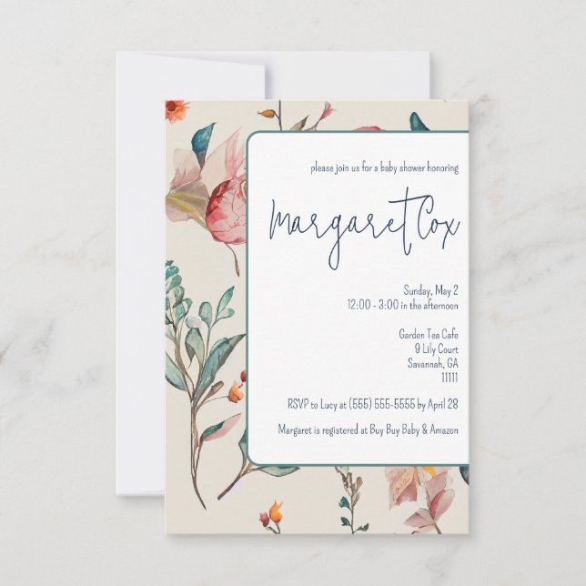 Invitación Rosa, Azul, Floral Verde Baby Shower (Anverso)
