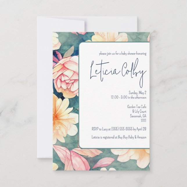 Invitación Rosa, Azul, Floral Verde Baby Shower (Anverso)