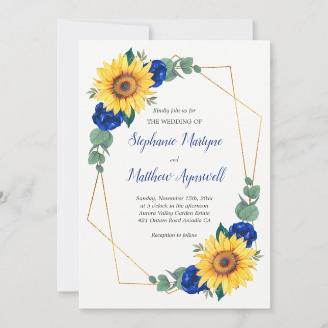 Invitación Rosa azul girasol Boda floral geométrico (Anverso)