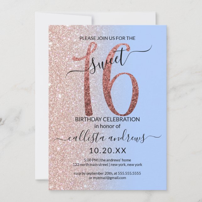 Invitación Rosa Azul Girly Purpurina Oro Ombre Sweet 16 (Anverso)