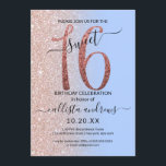 Invitación Rosa Azul Girly Purpurina Oro Ombre Sweet 16<br><div class="desc">Esta dulce y dulce moda de dieciséis años es perfecta para el día especial de tu hija adolescente. Tiene un gran purpurina dorado rosa finamente impreso, "16", encima de un sencillo fondo oscuro de color azul pastel serenity y falso rosa purpurina dorado en un fondo oscuro en un gradiente. Es...</div>