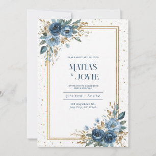 Invitación Rosa Azul Índigo Dorado Brillo Floral Acuarela