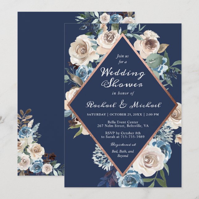 Invitación Rosa azul marino Boda floral dorado duchas (Anverso / Reverso)