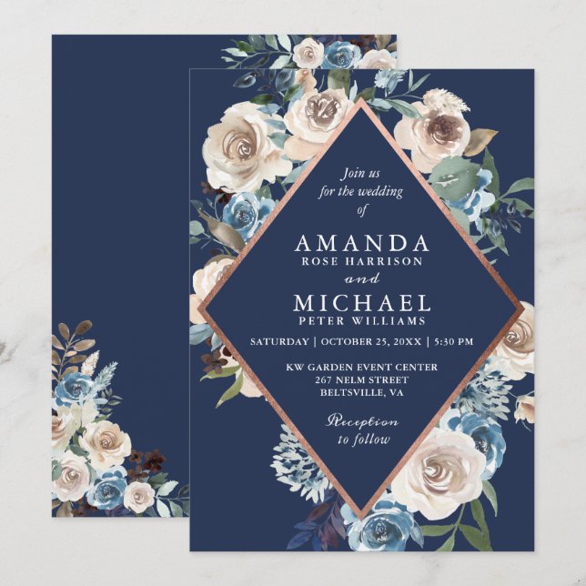 Invitación Rosa azul marino Boda floral neutro de oro (Anverso / Reverso)