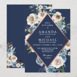 Invitación Rosa azul marino Boda floral neutro de oro