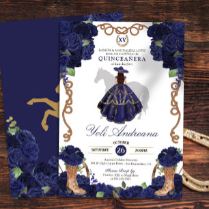 Invitación Rosa azul marino Boots Charro Vestidos Quince Anos