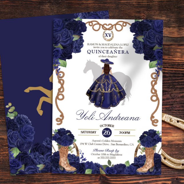Invitación Rosa azul marino Boots Charro Vestidos Quince Anos (Subido por el creador)