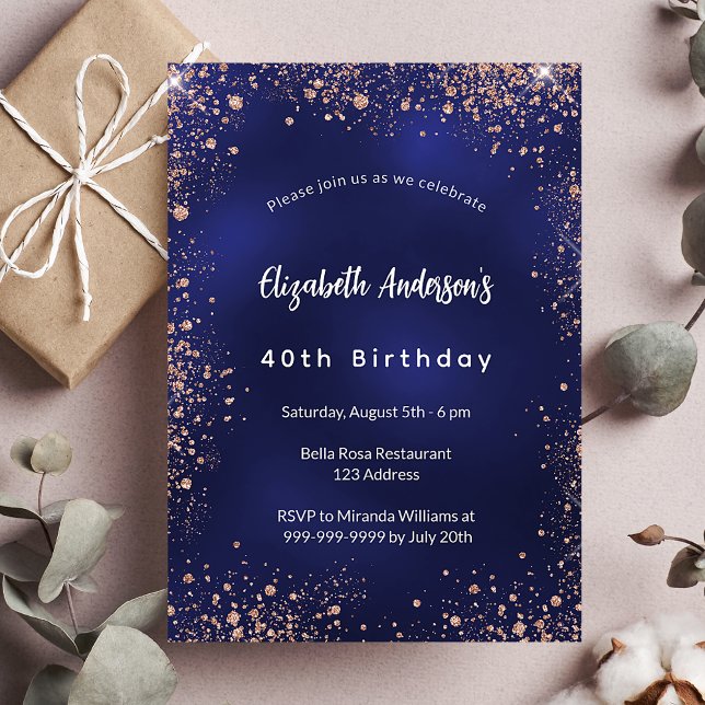 Invitación Rosa azul marino de cumpleaños oro chispa de lujo (Subido por el creador)