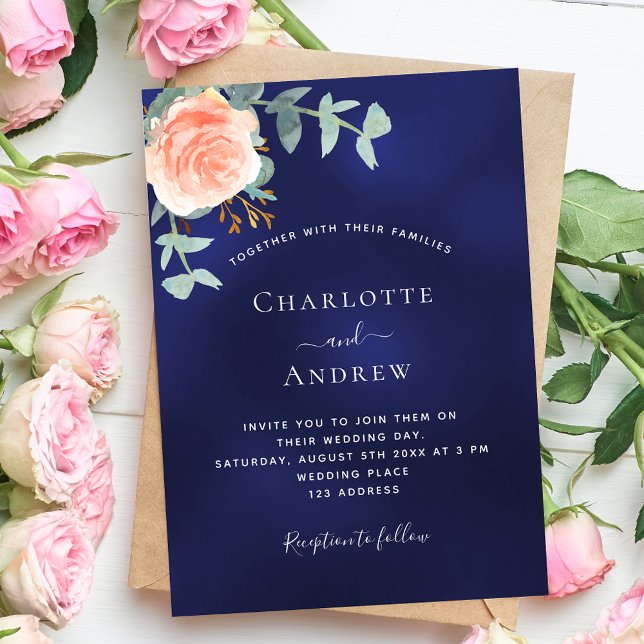 Invitación Rosa azul marino dorado ruidoso boda de la vegetac (Subido por el creador)
