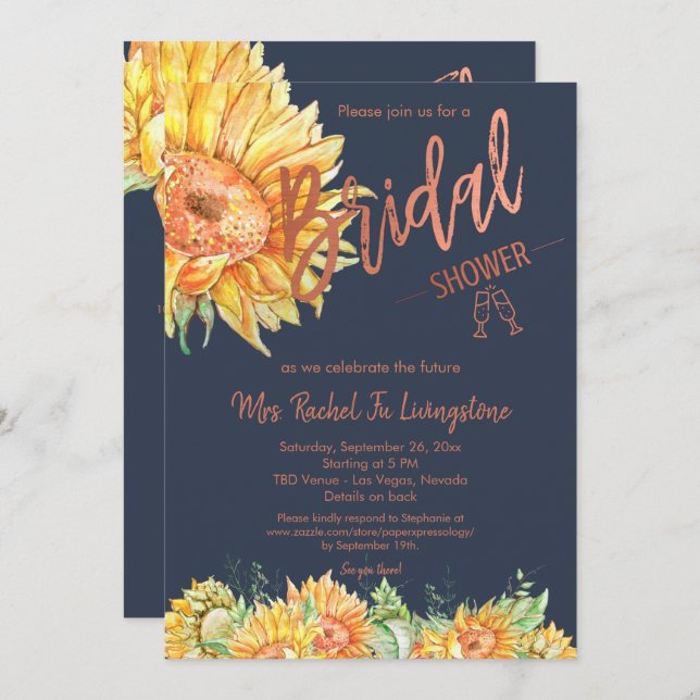 Invitación Rosa azul marino dorado Sunflower Bridal Shower (Anverso / Reverso)