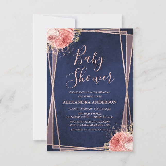 Invitación Rosa azul marino Gold Floral Baby Shower (Anverso)