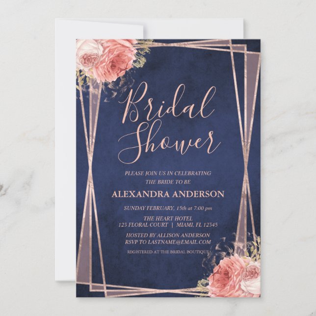 Invitación Rosa azul marino Gold Floral Bridal Shower (Anverso)