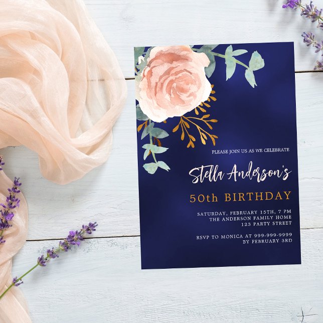 Invitación Rosa azul marino oro floral cumpleaños (Subido por el creador)