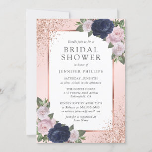 Invitación Rosa azul marino Oro Rubor Floral Bridal Shower