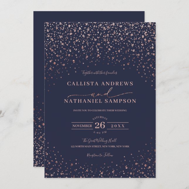Invitación Rosa azul marino Purpurina de oro Boda Confetti (Anverso / Reverso)