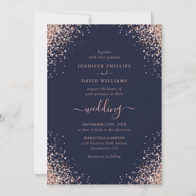 Invitación Rosa azul marino Purpurina de oro Boda Confetti (Anverso)