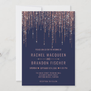 Invitación Rosa azul marino Purpurina de oro Boda de cortina