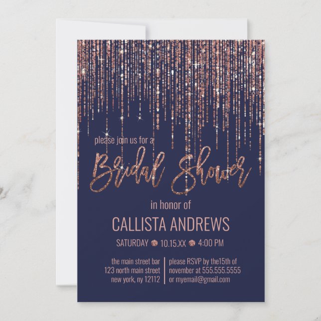 Invitación Rosa azul marino Purpurina de oro ducha de novia l (Anverso)