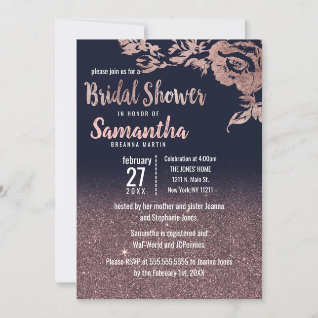 Invitación Rosa azul marino Purpurina de oro Floral Bridal Sh (Anverso)