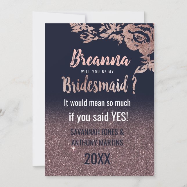 Invitación Rosa azul marino Purpurina de oro Floral Bridesmai (Anverso)