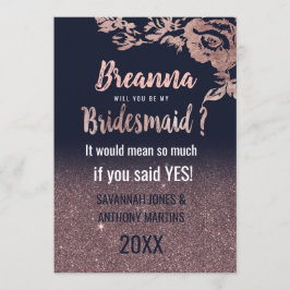 Invitación Rosa azul marino Purpurina de oro Floral Bridesmai