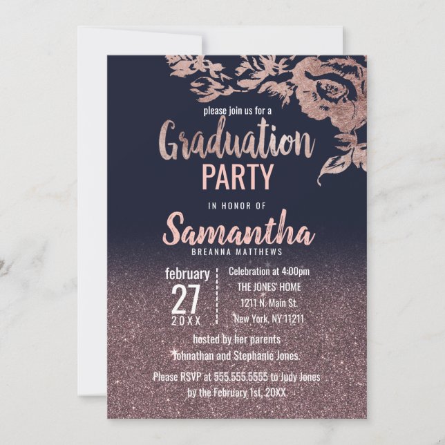Invitación Rosa azul marino Purpurina de oro Graduación flora (Anverso)