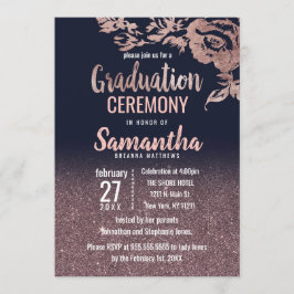 Invitación Rosa azul marino Purpurina de oro Graduación flora