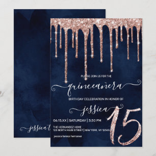 Invitación Rosa azul marino Purpurina de oro perfora Quinceañ