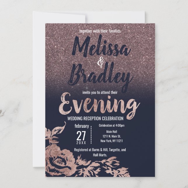 Invitación Rosa azul marino Purpurina de oro velada floral (Anverso)