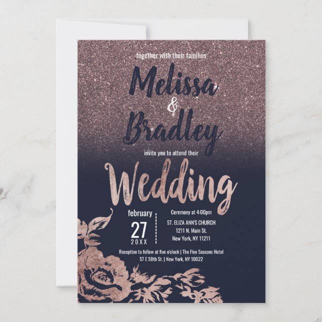 Invitación Rosa azul marino Purpurina dorado Boda floral (Anverso)