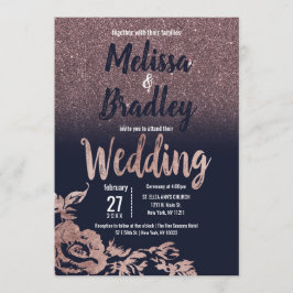 Invitación Rosa azul marino Purpurina dorado Boda floral
