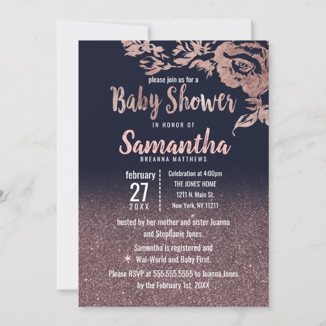 Invitación Rosa azul marino Purpurina oro Floral Baby Shower (Anverso)
