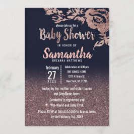 Invitación Rosa azul marino Purpurina oro Floral Baby Shower