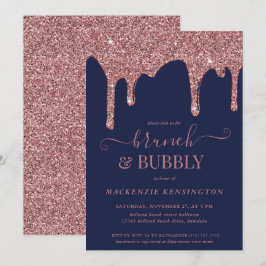 Invitación Rosa azul marino Purpurina oro gotea brunch burbuj