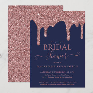 Invitación Rosa azul marino Purpurina oro gotea ducha de novi