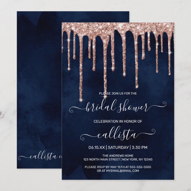 Invitación Rosa azul marino Purpurina oro gotea ducha de novi (Anverso / Reverso)