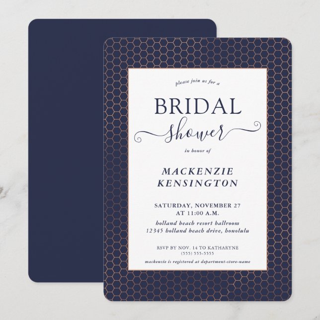 Invitación Rosa azul marino Relieve metalizado dorado ducha g (Anverso / Reverso)