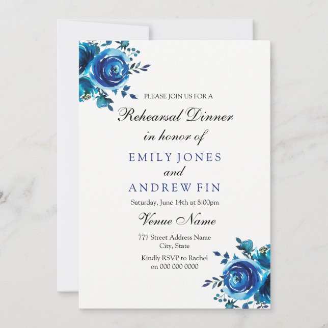 Invitación Rosa azul medianoche Boda floral Ensayo Cena (Anverso)